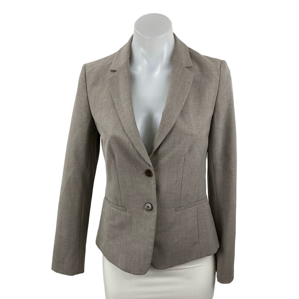 Ann Taylor LOFT Womens Khaki Long Sleeve Collared Button Blazer Coat Jacket 0P